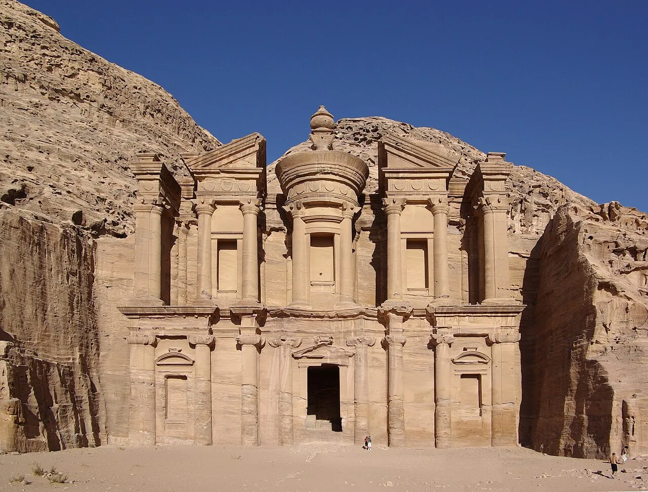 A tomb facade carved into sandstone at Petra