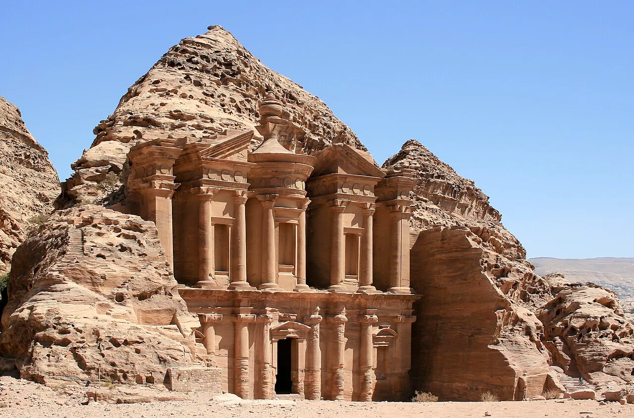 The carved facade of the Monastery at Petra